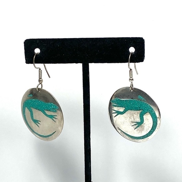 Alpaca Mexico Earrings Dangles Artisan Vintage Lizard Inlaid Turquoise - Picture 7 of 11